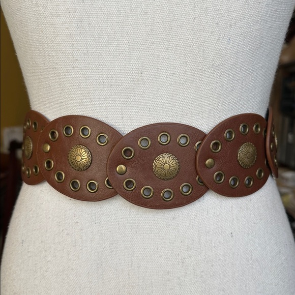 Brown Leather Bohemian Western Belt with Bronze Buckle and Medallions Accents - Picture 4 of 11